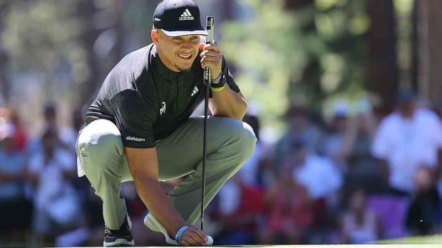 Patrick Mahomes of the NFL's Kansas City Chiefs lines up a putt at the 2023 American Century Championship at Edgewood Tahoe Golf Course Stateline, Nevada.